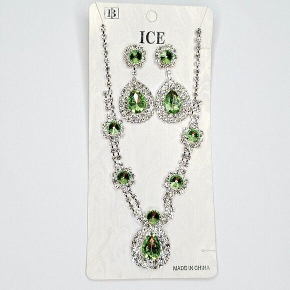 Statement Necklace Dangle Earrings Rhinestones Clear Green Silvertone ICE Brand - Picture 1 of 4